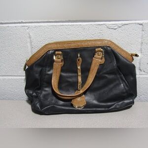 Henri Bendal Black and Brown Leather Satchel Hot pink fabric inside